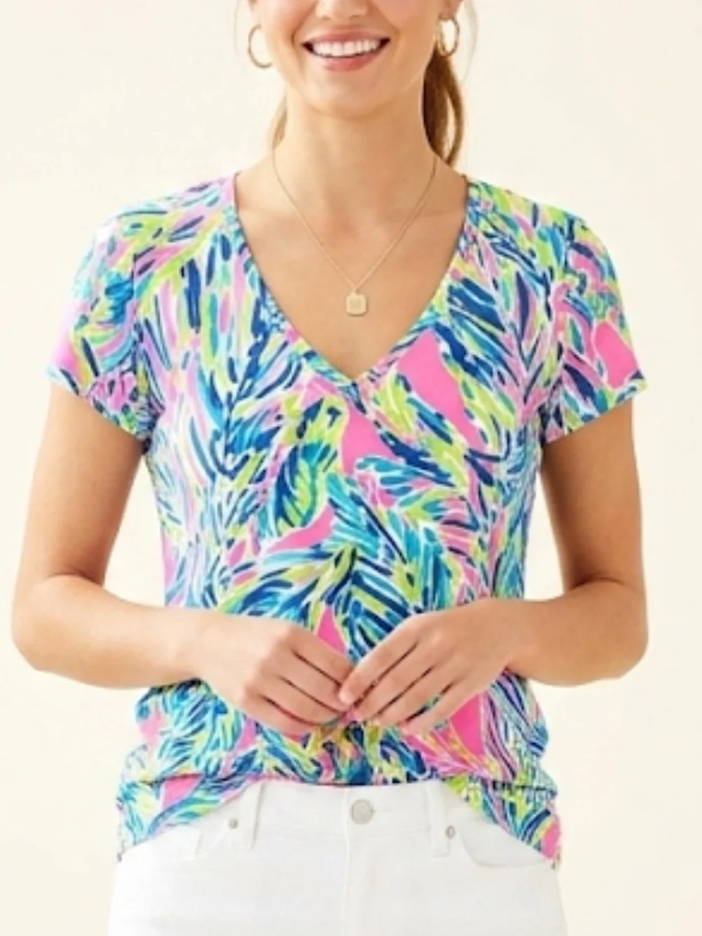 Lilly Pulitzer Michele V-Neck Top In "Palm Reader" Print - Picture 1 of 11